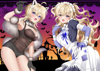 animal_costume animal_ears apron bat_(animal) black_gloves black_shorts blonde_hair blue_dress blue_eyes breasts church cleavage dress elbow_gloves fake_animal_ears frilled_jacket frills fur_trim gloves grey_gloves hair_ornament hairclip halloween halloween_costume highres jack-o&#039;-lantern jacket kantai_collection large_breasts long_hair looking_at_viewer maid maid_headdress medium_hair minneapolis_(halloween)_(kancolle) minneapolis_(kancolle) night official_alternate_costume open_mouth outdoors patchwork_clothes patchwork_skin short_shorts shorts silhouette tank_top tuscaloosa_(halloween)_(kancolle) tuscaloosa_(kancolle) two_side_up wavy_hair white_apron wolf_ears wolf_girl yomogi_dango zombie_costume