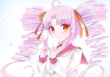 1girl ahoge blurry_edges covered_mouth drill_hair fang hair_ornament hair_ribbon highres holding holding_letter letter long_hair long_sleeves looking_at_viewer necktie official_alternate_costume onikko_hunter_tsuina-chan orange_eyes orange_ribbon parted_bangs petals pink_hair pointy_ears red_sailor_collar ribbon sailor_collar school_uniform shirt sidelocks simple_background skin_fang solo tsuina-chan twin_drills twitter_username upper_body very_long_hair voiceroid white_background white_necktie white_shirt yomiwata2