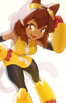 1girl absurdres animal_ears black_pantyhose breasts brown_hair cat_ears cat_girl cat_tail commentary dark-skinned_female dark_skin dress english_commentary fang furry furry_female gameoverse gauntlets goggles goggles_on_head hair_between_eyes hand_on_own_hip highres kit_bodega leaning_forward looking_at_viewer medium_breasts medium_hair ohwasuy open_mouth pantyhose rectangular_eyes red_eyes salute short_eyebrows simple_background smile solo sparkling_eyes standing tail thick_eyebrows whiskers white_background yellow_dress