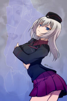 Rule 34 | 10s, 1girl, black hat, black jacket, blue eyes, closed mouth, cowboy shot, crossed arms, dress shirt, from side, frown, garrison cap, girls und panzer, grey hair, hat, itsumi erika, jacket, kuromorimine military uniform, long hair, long sleeves, looking at viewer, military, military hat, military uniform, miniskirt, nishizumi miho, outline, pleated skirt, r-king, red shirt, red skirt, shirt, skirt, standing, twitter username