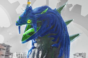 2204design 3d blender_(medium) brain building chaos_(sonic) city colored_sclera colored_tongue destruction gears giant glowing glowing_eyes green_sclera green_tongue highres horns kaiju monster no_humans open_mouth perfect_chaos science_fiction sharp_teeth sonic_(series) sonic_generations spikes teeth water