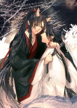 Rule 34 | 2boys, aki uzuzame, animal ears, bare tree, bishounen, black hair, black hanfu, branch, chinese clothes, closed mouth, commentary request, couple, dragon boy, dragon horns, dragon tail, earrings, eastern dragon horns, eastern dragon tail, eye contact, fox boy, fox ears, fox tail, grey eyes, hair ribbon, hand on another's hip, hand on another's shoulder, hanfu, headband, high ponytail, highres, holding another's hair, horns, hug, jewelry, kemonomimi mode, lan wangji, light particles, long hair, long sleeves, looking at another, male focus, modao zushi, multiple boys, night, night sky, outdoors, parted bangs, pointy ears, ponytail, profile, red ribbon, ribbon, robe, shawl, sidelocks, sitting, sky, smile, snow, snowing, tail, tassel, tassel earrings, tree, twitter username, upper body, very long hair, watermark, wei wuxian, white hanfu, white headband, wide sleeves, yaoi, yellow eyes