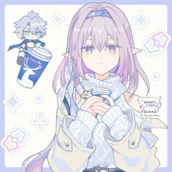 1boy 1girl analogous_colors antenna_hair aran_sweater artist_name blue_border blue_eyes blue_hairband blue_jacket blue_theme border bright_pupils c: cable_knit castorice_(honkai:_star_rail) castorice_(luckin_coffee)_(honkai:_star_rail) casual closed_mouth clothing_cutout commentary cup curtained_hair disposable_coffee_cup disposable_cup double-parted_bangs earrings expressionless floating floating_object grey_hair grid_background hair_between_eyes hair_intakes hairband hands_up hinaszk holding holding_cup honkai:_star_rail honkai_(series) jacket jewelry leaning_on_object long_hair long_sleeves looking_at_viewer low_ponytail mini_person miniboy official_alternate_costume pants parted_lips phainon_(honkai:_star_rail) phainon_(luckin_coffee)_(honkai:_star_rail) pointy_ears ponytail purple_border purple_eyes purple_hair short_hair shoulder_cutout single_earring sleeves_past_wrists smile sparkle_background star_(symbol) straight-on sweater untranslatable_commentary thigh_strap turtleneck turtleneck_sweater two-handed upper_body very_short_hair watermark white_background white_pants white_pupils white_sweater winter_clothes