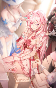 4girls absurdres adjusting_hair aponia aponia_(mesmerizing_blue) black_dress blonde_hair breasts brown_hair chinese_commentary cleavage commentary_request diamond-shaped_pupils diamond_(shape) dress earrings eden_(honkai_impact) elf elysia_(hi_love_elf)_(honkai_impact) elysia_(honkai_impact) hat heart heart_earrings highres honkai_(series) honkai_impact_3rd indoors jewelry large_breasts ling_kongling long_hair multiple_girls pardofelis pardofelis_(meowtose_macchiato) pink_hair pointy_ears purple_eyes sitting smile sun_hat sundress symbol-shaped_pupils thighhighs thighs v very_long_hair visor_cap white_dress white_hat white_thighhighs