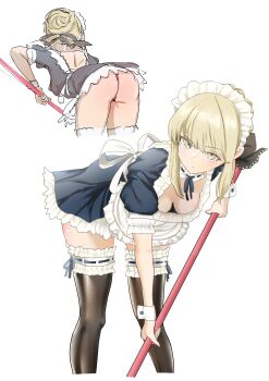 1girl absurdres artoria_pendragon_(fate) ass beatrix_vivi bent_over black_dress black_ribbon blonde_hair braid breasts brown_thighhighs dress fate/stay_night fate_(series) hair_bun hair_ribbon highres long_hair looking_at_viewer maid maid_headdress medium_breasts mop multiple_views ribbon saber_alter short_sleeves sidelocks solo thighhighs yellow_eyes