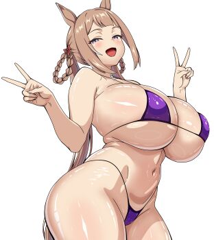Rule 34 | 1girl, :d, a-sui, absurdres, animal ears, bikini, blunt bangs, blush, braid, breasts, brown eyes, brown hair, commentary request, curvy, double v, hair rings, highres, horse ears, horse girl, huge breasts, long hair, looking at viewer, navel, open mouth, purple bikini, sidelocks, simple background, skirt, smile, solo, standing, sweep tosho (umamusume), swimsuit, thick thighs, thighs, thong, thong bikini, umamusume, v, very long hair, white background, wide hips