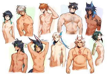 6+boys abs absurdres animal_ears arataki_itto arm_hair arm_tattoo black_hair blue_hair braid character_request chest_hair chest_tattoo dark-skinned_male dark_skin earrings fang fox_ears genshin_impact green_hair grey_hair hair_intakes headband highres jewelry long_hair male_focus medium_hair multicolored_hair multiple_boys muscular muscular_male navel nifast_(greentail) nipples nude orange_hair pectorals pubic_hair scar scar_on_arm scar_on_chest short_hair skinny smile stomach_hair streaked_hair tartaglia_(genshin_impact) tattoo tighnari_(genshin_impact) toned toned_male twin_braids venti_(genshin_impact) white_hair wolf_ears xiao_(genshin_impact)
