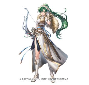 Rule 34 | 1girl, armor, arrow (projectile), blush, boots, bow (weapon), breasts, cape, closed mouth, commentary request, dress, earrings, fire emblem, fire emblem: the blazing blade, fire emblem heroes, fur-trimmed cape, fur cape, fur trim, gloves, green eyes, green hair, high ponytail, holding, holding bow (weapon), holding weapon, jewelry, long hair, looking at viewer, lyn (fire emblem), lyn (lady of the wind) (resplendent) (fire emblem), medium breasts, nintendo, official alternate costume, official art, ponytail, quiver, scabbard, sheath, side slit, smile, solo, sword, thighs, tsugutoku, weapon, white boots, white dress, white gloves