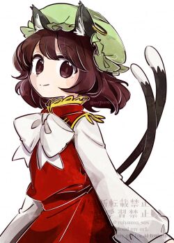 1girl animal_ear_fluff animal_ears bow bowtie brown_eyes brown_hair cat_ears cat_tail chen commentary cowboy_shot earrings green_hat hat highres jewelry long_sleeves looking_at_viewer medium_hair mob_cap multiple_tails nekomata single_earring solo tail tama_(hiroshige_36) touhou two_tails watermark white_bow white_bowtie
