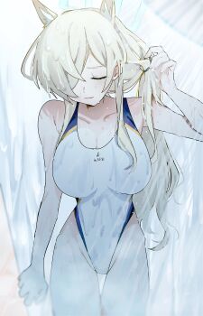 Rule 34 | 1girl, absurdres, animal ear fluff, animal ears, blonde hair, blue archive, blue eyes, blue halo, breasts, closed eyes, competition swimsuit, dantyou2525, dog ears, expressionless, hair over one eye, hair tie, halo, highres, kanna (blue archive), kanna (swimsuit) (blue archive), large breasts, long hair, one-piece swimsuit, showering, swimsuit, white one-piece swimsuit