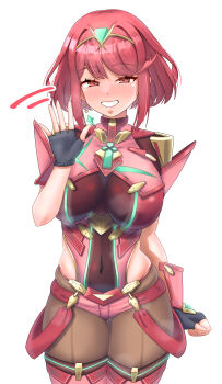 1girl absurdres armor black_gloves blush bob_cut breasts chest_jewel commentary_request core_crystal_(xenoblade) covered_navel cowboy_shot earrings fingerless_gloves floating_earrings full-face_blush gloves grin half-closed_eyes highres impossible_clothes jewelry large_breasts meipasuye nintendo pantyhose pantyhose_under_shorts pyra_(xenoblade) red_eyes red_hair red_shorts short_hair short_sleeves shorts shoulder_armor simple_background smile solo super_smash_bros. suspenders swept_bangs thighhighs thighhighs_over_pantyhose tiara waving white_background xenoblade_chronicles_(series) xenoblade_chronicles_2