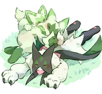 Rule 34 | absurdres, cape, claws, closed eyes, closed mouth, evolutionary line, floragato, grass, green fur, green hair, highres, illustrattyako, lying, mask, meowscarada, nintendo, no humans, pokemon, pokemon (creature), sleeping, smile, sprigatito