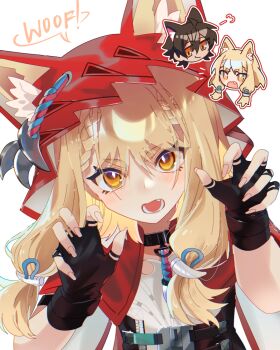 Rule 34 | 1boy, 1girl, aki'z, animal ears, arknights, arknights: endfield, black gloves, blonde hair, chibi, chibi inset, claw pose, cloak, commentary, dress, ears through headwear, fingerless gloves, gloves, hands up, highres, hood, hood up, hooded cloak, looking at viewer, orange eyes, red cloak, rossi (arknights), scar, scar across eye, scar on face, simple background, solo, thick eyebrows, v-shaped eyebrows, white background, white dress, wolf boy, wolf ears, wolf girl, wulfgard (arknights)