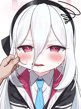 1boy 1girl absurdres black_hairband blue_archive blue_necktie blush cheek_pinching commentary_request double-parted_bangs hair_between_eyes hairband halo highres jacket kei_(blue_archive) kei_(student)_(blue_archive) long_hair_between_eyes looking_at_viewer necktie panda_90321 pinching pink_eyes pov pov_hands ringed_eyes shirt solo squiggle sweatdrop two-sided_fabric two-sided_jacket upper_body white_hair white_shirt