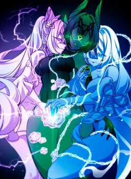 3girls arm_between_breasts ass bare_shoulders between_breasts black_hair black_leotard blue_eyes blush braid breasts clone closed_mouth colored_tongue cone_hair_bun cowboy_shot curvy dark_background detached_sleeves double-parted_bangs double_bun dress elbow_gloves electricity flower genshin_impact glint gloves grabbing_another&#039;s_arm green_tongue hair_between_eyes hair_bun hair_horns hair_intakes hair_ornament hand_on_another&#039;s_ass highres hug keqing_(genshin_impact) large_breasts leotard lightning lipstick long_hair looking_at_viewer makeup medium_hair multiple_girls nefer_(genshin_impact) no_eyes ofuda ofuda_on_head open_mouth parted_lips plant purple_eyes purple_hair rope rose shenhe&#039;s_talisman_spirit_(genshin_impact) shenhe_(genshin_impact) shimenawa spirit thighs thorns very_long_hair vines white_hair yuri zujima