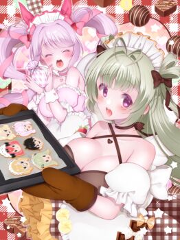 Rule 34 | 17ho 10ban, 1boy, 1girl, 5girls, absurdres, ade (nikke), alice (nikke), alice (wonderland bunny) (nikke), alternate costume, animal ears, antenna hair, apron, baking sheet, blonde hair, blush, bow, breasts, character-themed food, cocoa (nikke), commander (nikke), cookie, enmaided, fake animal ears, food, food-themed hair ornament, glasses, goddess of victory: nikke, green hair, hair bow, hair bun, hair ornament, heart antenna hair, highres, large breasts, long hair, looking at viewer, ludmilla (nikke), maid, maid apron, maid for you (nikke), maid headdress, medium breasts, multiple girls, open mouth, oven mitts, pink hair, purple eyes, smile, soda (nikke), soda (twinkling bunny) (nikke), strawberry hair ornament, twintails, unlimited (nikke), wrist cuffs