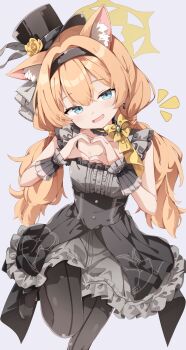 Rule 34 | 1girl, animal ears, black hat, black pantyhose, blue archive, blue eyes, breasts, cat ears, cat girl, commentary request, dress, grey background, grey dress, halo, hat, heart, heart hands, highres, long hair, looking at viewer, mari (blue archive), mari (idol) (blue archive), notice lines, open mouth, orange hair, paid reward available, pantyhose, partial commentary, sabana, simple background, small breasts, solo, striped clothes, striped pantyhose, top hat, twintails, vertical-striped clothes, vertical-striped pantyhose, yellow halo