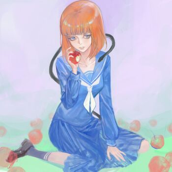 Rule 34 | abstract background, apple, black socks, blue eyes, blue sailor collar, blue skirt, bob cut, eva beatrice, food, food bite, fruit, hashtag-only commentary, highres, holding, holding food, holding fruit, loafers, orange hair, sailor collar, school uniform, shoes, sitting, skirt, snake, socks, umineko no naku koro ni, wariza, yuuutonn