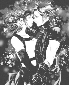 Rule 34 | 1boy, 1girl, air bubble, armor, bare shoulders, black skirt, breasts, bubble, closed eyes, cloud strife, commentary request, cowboy shot, crop top, elbow gloves, face-to-face, facing another, final fantasy, final fantasy vii, final fantasy vii remake, floating hair, from side, gloves, greyscale, highres, large breasts, lifestream, long hair, monochrome, parted lips, profile, ribbed sweater, short hair, shoulder armor, skirt, sleeveless, sleeveless turtleneck, spiked hair, suspender skirt, suspenders, sweater, tank top, tifa lockhart, tori (labyrinth fft), turtleneck, turtleneck sweater, water, white tank top