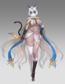 1girl :3 absurdres ahoge ancient_egyptian_clothes animal_ear_fluff animal_ears ankh armlet bandaged_arm bandaged_leg bandages between_breasts bikini bikini_top_only black_gloves blue_eyes blue_nails breasts bridal_legwear cat_ears cat_girl cat_tail cloak colored_inner_animal_ears commentary_request dagger dark-skinned_female dark_skin elbow_gloves fingerless_gloves full_body gloves gold_armlet gold_thighlet highres holding holding_dagger holding_knife holding_weapon jewelry knife large_breasts little_nine looking_at_viewer mouth_veil nail_polish navel original pelvic_curtain see-through_clothes see-through_veil short_hair simple_background single_fingerless_glove sling_bikini_top slit_pupils standing stomach strap_between_breasts swimsuit tail tan tan_tattoo thighlet toenail_polish toenails toes veil weapon white_bikini white_cloak white_hair white_veil