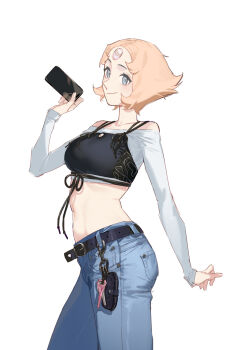 1girl belt black_belt black_tank_top blonde_hair blue_pants commentary crop_top cropped_shirt denim forehead_jewel gebijiade_89 gem gem_(steven_universe) grey_eyes highres jeans midriff pants pearl_(species)_(steven_universe) pearl_(steven_universe) pointy_nose shirt short_hair simple_background smile solo steven_universe streetwear tank_top white_background white_shirt