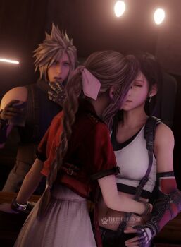 1boy 2girls 3d absurdres aerith_gainsborough arm_around_waist black_hair blonde_hair blue_eyes bracelet braid breasts brown_hair closed_eyes cloud_strife cropped_jacket dress earrings elenachatnoir final_fantasy final_fantasy_vii final_fantasy_vii_remake fingerless_gloves gloves hair_ribbon highres jacket jewelry kiss large_breasts light_bulb multiple_girls navel parted_bangs parted_lips pink_dress pink_ribbon red_jacket ribbon shirt sidelocks skirt sleeveless sleeveless_turtleneck spiked_hair square_enix surprised suspender_skirt suspenders tifa_lockhart turtleneck upper_body white_shirt yuri