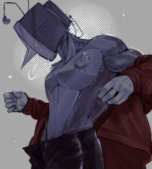 1boy ant_tenna black_pants bluesky_username clothed_robot cowboy_shot crt deltarune gloves grey_background highres humanoid_robot ilikecoldcolors jacket long_nose male_focus object_head open_fly pants pectorals pointy_nose radio_antenna red_jacket robot solo sweat undressing utdr_(toby_fox) white_gloves