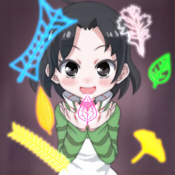 Rule 34 | 1girl, ahoge, black eyes, black hair, blush, dress, kemurikusa, leaf, long sleeves, looking at viewer, open mouth, purple background, raglan sleeves, riri (kemurikusa), short hair, smile, standing, striped clothes, striped sleeves, t jiroo (ringofriend), upper body, wheat, white dress