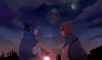 Rule 34 | 1boy, 1girl, blue hair, forehead protector, glasses, karin (naruto), lens flare, moon, n y, naruto (series), naruto shippuuden, red hair, scroll, sitting, sky, sunset, uchiha sasuke