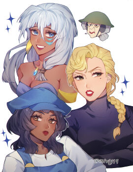 4girls absurdres artist_name atlantis:_the_lost_empire audrey_ramirez bags_under_eyes bare_shoulders black_hair black_sweater blonde_hair blue_hat braid breasts brown_eyes cigarette cleavage closed_mouth combat_helmet commentary_request cropped_torso dark-skinned_female dark_skin facepaint green_eyes grin hat helga_sinclair helmet highres jewelry kidagakash lipstick long_hair long_sleeves looking_at_viewer looking_to_the_side makeup medium_breasts medium_hair miviy19 mole mole_under_eye multiple_girls necklace newsboy_cap old old_woman pendant red_lips shirt simple_background single_braid smile sparkle sweater turtleneck turtleneck_sweater twitter_username upper_body white_background white_hair white_shirt wilhelmina_packard