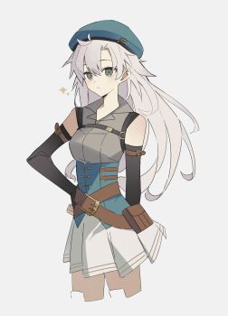 Rule 34 | 1girl, bare shoulders, belt pouch, beret, blue hat, double-parted bangs, eiyuu densetsu, elbow gloves, fie claussell, fingerless gloves, floating hair, george man, gloves, green eyes, grey background, hair between eyes, hand on own hip, hat, highres, kuro no kiseki (series), kuro no kiseki i, long hair, looking at viewer, parted bangs, pouch, simple background, skirt, sleeveless, solo, upper body, vest, waistcoat, white hair