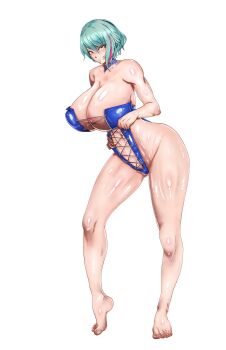 1girl absurdres ahoge asymmetrical_hair breasts commission dead_or_alive dead_or_alive_6 dead_or_alive_xtreme dead_or_alive_xtreme_venus_vacation female_focus full_body green_eyes green_hair highres huge_breasts mole mole_under_eye multicolored_hair picoman red_streaks solo standing streaked_hair tamaki_(doa) white_background