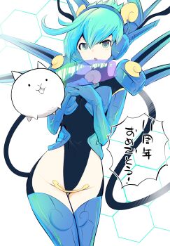 Rule 34 | 1girl, aqua eyes, armor, blue hair, blush, breasts, cable, cat (nyanko daisensou), green hair, headband, hexagon, highres, leotard, looking at viewer, multicolored hair, murayamawataru, navel, nyanko daisensou, shoulder armor, small breasts, thighhighs, thighs, two-tone hair, windy (nyanko daisensou), wire