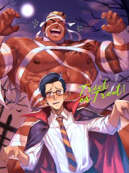 2boys ^_^ abs absurdres arm_tattoo bandaged_arm bandaged_chest bandaged_head bandaged_leg bandaged_neck bandaged_stomach bandages bara biceps black_hair blonde_hair blue_eyes broad_shoulders brown_hair cape chest_tattoo closed_eyes dark-skinned_male dark_skin fangs glasses halloween halloween_costume highres huge_pectorals male_focus multicolored_hair multiple_boys mummy_costume muscular muscular_male necktie nipple_piercing nipples open_mouth orange_necktie original piercing purple_cape purple_necktie red_cape robokeh shirt size_difference smile sweat tattoo thick_arms thick_eyebrows trick_or_treat two-sided_cape two-sided_fabric two-tone_hair two-tone_necktie v-taper vampire_costume veins veiny_arms white_shirt