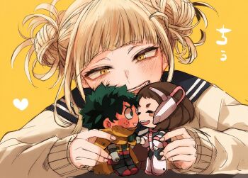 1boy 2girls bags_under_eyes blonde_hair blunt_bangs blush boku_no_hero_academia commentary_request double_bun fangs hair_bun kiss mekokamuy messy_hair midoriya_izuku multiple_girls narrowed_eyes stuffed_toy toga_himiko uraraka_ochako yellow_eyes