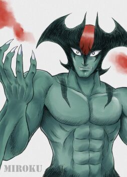 Rule 34 | 1970s (style), 1boy, abs, aqua skin, blue skin, claws, cleft chin, clenched teeth, colored skin, commentary request, demon boy, demon wings, devilman, devilman (character), fingernails, frown, hand up, head wings, highres, long fingernails, male focus, miroku (miroku t), muscular, muscular male, nagai gou (style), oldschool, parted lips, retro artstyle, sharp fingernails, sharp teeth, teeth, topless male, upper body, wings