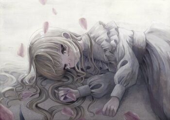 1girl absurdres backlighting blonde_hair brown_eyes crying crying_with_eyes_open dress falling_petals highres long_hair long_sleeves lying monou_pico on_side original petals pink_petals solo tears white_dress