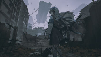 1girl absurdres armband black_skirt boots building commentary commission english_commentary from_behind grey_eyes grey_hair hair_between_eyes highres knee_boots long_hair long_sleeves looking_at_viewer looking_back original pixiv_commission puffy_long_sleeves puffy_sleeves ruins safety_pin shirt skirt solo very_long_hair weapon white_boots white_shirt yurika-r