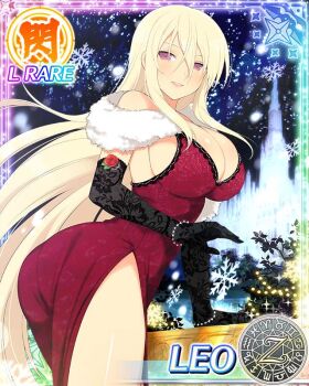 1girl aquarius_(symbol) aries_(symbol) arm_support ass black_gloves blonde_hair blush body_blush bracelet breasts cancer_(symbol) capricorn_(symbol) card_(medium) character_name cleavage dodecagram dress elbow_gloves floral_print_gloves flower flower_ornament fur_shawl gemini_(symbol) gloves hair_between_eyes ice_castle jewelry lace lace-trimmed_dress lace_trim large_breasts leo_(senran_kagura) leo_(symbol) libra_(symbol) long_hair looking_at_viewer night official_art outdoors pearl_bracelet pisces_(symbol) purple_eyes red_dress red_flower red_rose rose sagittarius_(symbol) school_emblem scorpio_(symbol) senran_kagura senran_kagura_new_wave shawl shiny_skin side_slit sideboob sky smile snow snowflakes snowing solo star_(sky) starry_sky taurus_(symbol) very_long_hair virgo_(symbol) zodiac_wheel