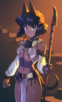 1girl absurdres alternate_costume ancient_egyptian_clothes animal_ears artist_name bare_shoulders bastet_(mythology) belt blue_gemstone bob_cut breasts cat_ears cat_girl cat_tail circlet commentary covered_erect_nipples cowboy_shot dark-skinned_female dark_skin detached_sleeves english_commentary eyelashes fushigi_no_umi_no_nadia fusion gem gold_belt green_eyes groin hair_ornament hairclip highres holding holding_staff inverted_bob jewelry kemonomimi_mode light_particles looking_at_viewer midriff nadia_la_arwall navel neck_ring necklace nipples no_panties optionaltypo pelvic_curtain pussy revealing_clothes see-through_clothes short_hair signature skirt small_breasts solo staff stairs standing tail usekh_collar white_skirt white_sleeves