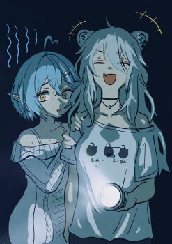Rule 34 | +++, 2girls, absurdres, ahoge, animal ears, blue eyes, blue hair, closed eyes, collarbone, commentary request, cowboy shot, dark, dress, facing viewer, fang, flashlight, grey hair, hair ornament, hiding, hiding behind another, highres, holding, holding another's arm, holding flashlight, hololive, horror (theme), jewelry, laughing, lion ears, lion girl, long hair, looking at viewer, messy hair, multiple girls, necklace, nervous sweating, numzawa, off-shoulder dress, off shoulder, open mouth, pointy ears, polar opposites, scared, shirt, shishiro botan, short hair, single off shoulder, skin fang, sweat, virtual youtuber, white dress, white shirt, yellow eyes, yukihana lamy