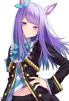 Rule 34 | 07nono06, 1girl, absurdres, animal ears, black jacket, blush, bow, frogging, green bow, hand on own hip, highres, horse ears, horse girl, jacket, long hair, long sleeves, looking at viewer, mejiro mcqueen (frontline elegance) (umamusume), mejiro mcqueen (umamusume), midriff peek, navel, purple eyes, purple hair, simple background, solo, umamusume, upper body, white background