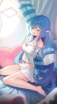 1girl ahoge arm_up blue_hair blue_jacket blush breasts camisole cleavage closed_mouth collarbone commentary elf frilled_camisole frills fur-trimmed_jacket fur_trim hair_between_eyes hair_ornament hashtag-only_commentary highres hololive indoors jacket large_breasts long_hair long_sleeves looking_at_viewer midriff official_alternate_costume one_eye_closed open_clothes open_jacket open_mouth pointy_ears polka_dot polka_dot_camisole polka_dot_skirt pyytato sitting skirt sleepwear sleeves_past_fingers sleeves_past_wrists solo striped_clothes striped_jacket vertical-striped_clothes vertical-striped_jacket very_long_hair virtual_youtuber waking_up wariza white_camisole white_skirt yellow_eyes yukihana_lamy yukihana_lamy_(roomwear)
