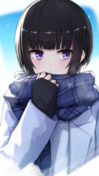 1girl :| backlighting black_hair blue_scarf blunt_bangs blush closed_mouth coat commentary_request expressionless facing_viewer highres idolmaster idolmaster_cinderella_girls long_sleeves nakata_(nkt_vvd) purple_eyes scarf shirayuki_chiyo short_hair solo straight-on upper_body white_coat
