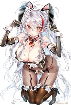 1girl animal_ears azur_lane black_footwear black_gloves black_thighhighs breasts brown_eyes bunny_day cleavage cross detached_sleeves elbow_gloves garter_straps gloves grey_hair high_heels highres iron_cross kamiya_maneki kneeling large_breasts long_hair looking_at_viewer multicolored_hair open_mouth pantyhose playboy_bunny prinz_eugen_(azur_lane) rabbit_ears red_hair simple_background solo streaked_hair thighhighs thighhighs_over_pantyhose twitter_username white_background wrist_cuffs