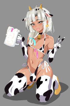 1boy animal_ears animal_print bare_shoulders bell bikini blush bulge collar condom cow_ears cow_horns cow_print cow_print_bikini cowbell crossdressing crossdressing_(mtf) cum cum_in_container cum_in_cup cup dark-skinned_male dark_skin elbow_gloves fate/grand_order fate_(series) gloves grey_eyes grey_hair high_heels highres horns kneeling looking_at_viewer medium_hair mug navel open_mouth print_bikini smile solo swimsuit thighhighs thighs trap tutankhamun_(fate) used_condom v white_bikini white_gloves white_thighhighs zanegoodell