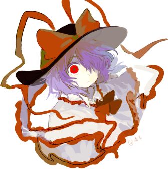 Rule 34 | 1girl, absurdres, artist name, black hat, bow, capelet, chinese commentary, closed mouth, commentary request, hair over one eye, hat, hat bow, highres, medium hair, nagae iku, purple hair, red bow, red eyes, scarf, seiryo0425, simple background, solo, touhou, upper body, white background, white capelet, white scarf