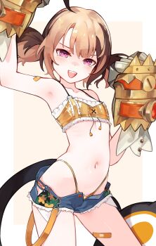 1girl :d absurdres ahoge arm_up bandaid bandaid_on_arm bandaid_on_leg bikini brown_hair cowboy_shot denim denim_shorts flat_chest cutoffs frilled_bikini frills gauntlets gigi_murin gigi_murin_(holonatsu_paradise) hand_up highleg highleg_bikini highres hololive hololive_english loli looking_at_viewer micro_shorts multicolored_hair namiorii navel official_alternate_costume open_fly open_mouth orange_bikini pink_eyes sharp_teeth short_hair short_shorts short_twintails shorts simple_background smile solo stomach swimsuit tail teeth twintails two-tone_hair upper_teeth_only virtual_youtuber