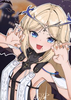 1girl :d absurdres bare_shoulders blonde_hair blood blood_from_mouth blue_eyes blurry blurry_background breasts breasts_apart cartethyia_(wuthering_waves) claw_pose commentary_request crown_of_thorns earrings fangs fingernails flat_color fleur-de-lis hands_up highres jewelry light_blush long_fingernails long_hair looking_at_viewer middle_part multiple_earrings nail_polish necklace open_mouth orange_nails parted_bangs partial_commentary pendant pointy_ears sideboob sideless_outfit skin_fangs small_breasts smile smug solo stole straight_hair tacet_mark_(wuthering_waves) tama_es45_nyan upper_body wuthering_waves