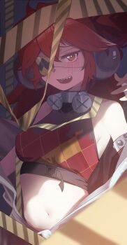 1girl absurdres ahoge animal_ears bare_shoulders bear_ears black_gloves breasts commentary_request crop_top eyepatch fake_animal_ears fingerless_gloves gloves hair_between_eyes hair_ornament highres koleda_belobog korean_commentary long_hair looking_at_viewer midriff navel original red_eyes red_hair rzyy3243 solo sphere_hair_ornament twintails zenless_zone_zero